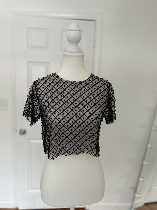 Julia Tops - Black Sheer Beaded Mesh Crop Top Short Sleeve Party Evening Small